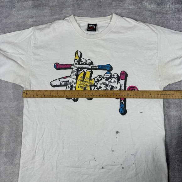 Vtg Stussy Shirt Mens Medium White Y2K Spell Out Graffiti Skate Surf‎ Streetwear - Picture 10 of 11
